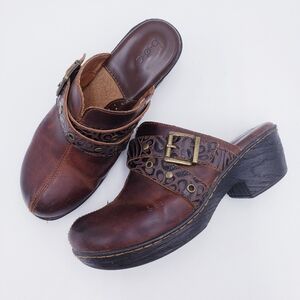B.O.C Born Women's 9 Karley Leather Mules Brown Buckle Block Heel Clog Western